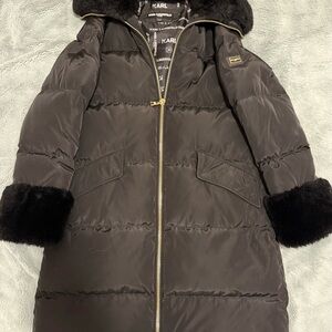 Karl Lagerfeld Black Puffer Coat with Faux Fur Trim